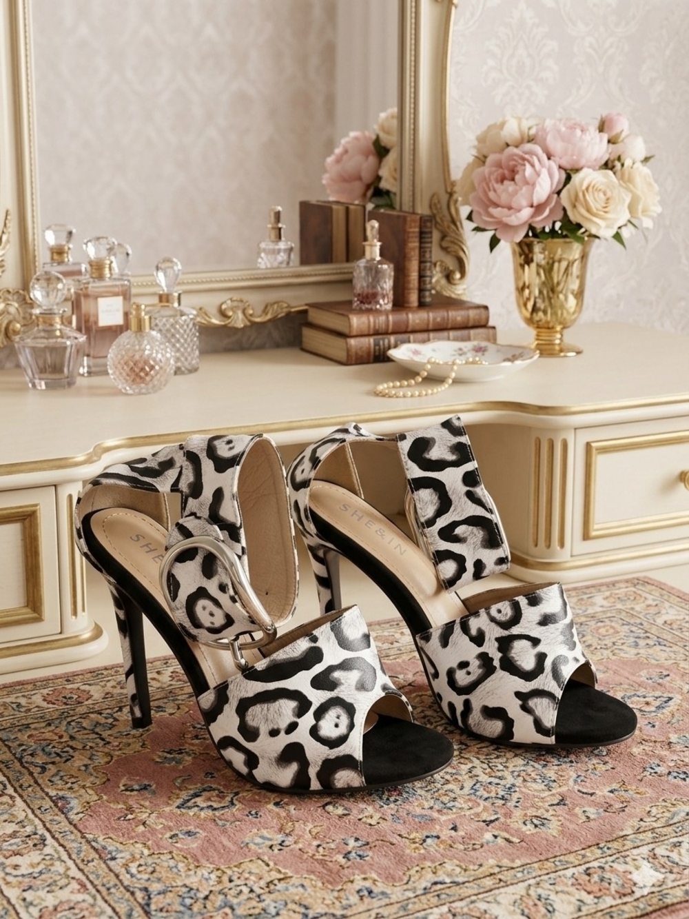 SHEIN Black & White Leopard-Print Stiletto Sandals